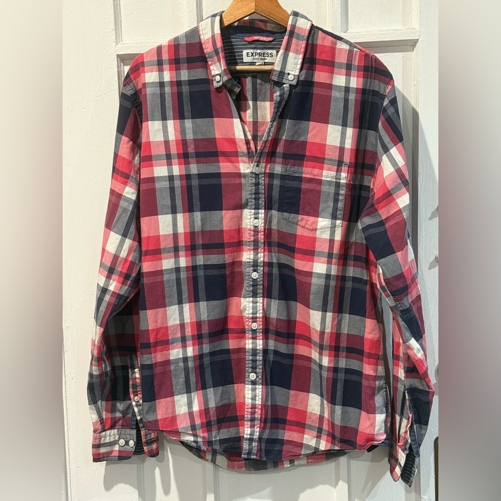 Express Red and Navy Plaid Casual Shirt
